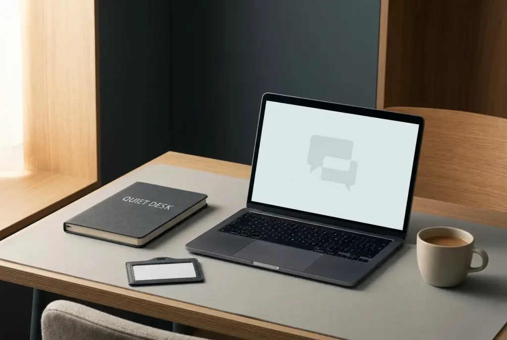 A closed notebook, an unmarked identity-card sleeve and a laptop with a muted chat window on a desk