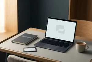 A closed notebook, an unmarked identity-card sleeve and a laptop with a muted chat window on a desk
