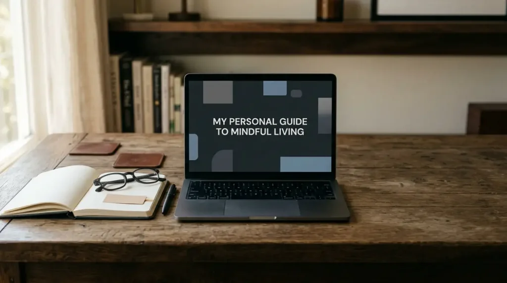 A notebook, reading glasses and an unbranded laptop arranged on a quiet desk