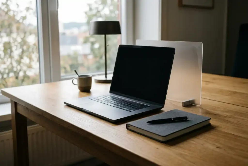 A closed notebook and unbranded laptop beside a small privacy screen on a desk