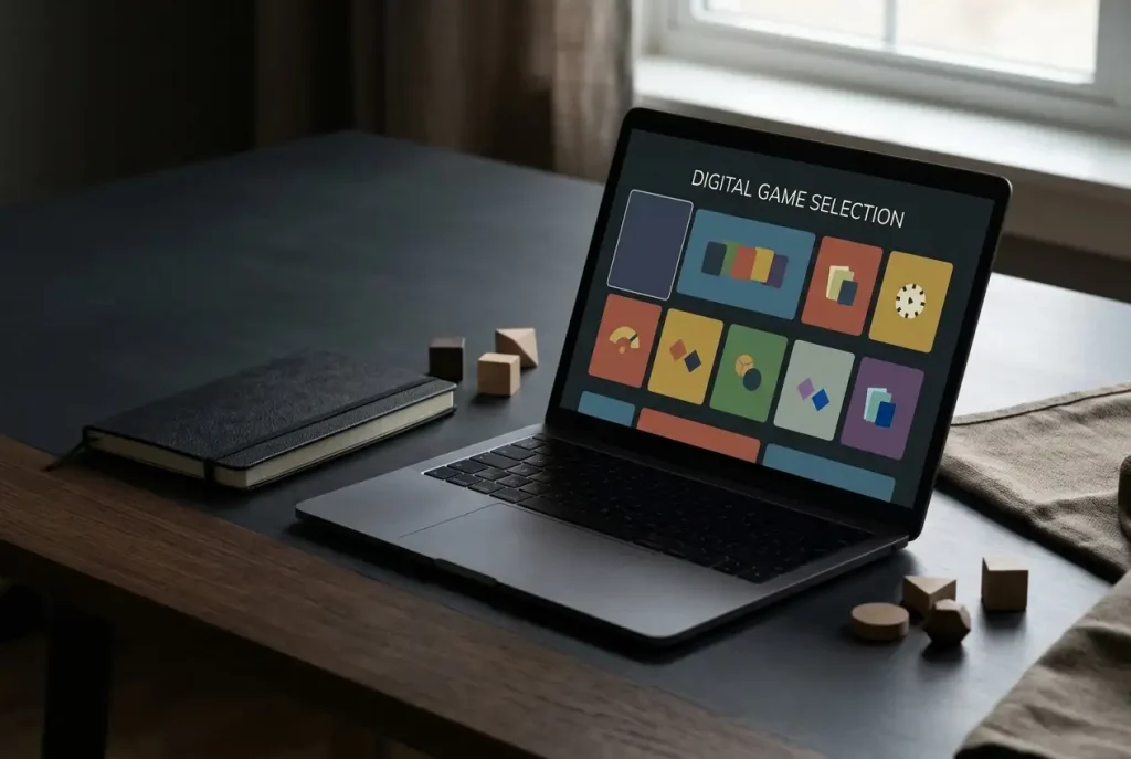 A softly lit tabletop with an unbranded laptop, abstract game tiles and a closed notebook