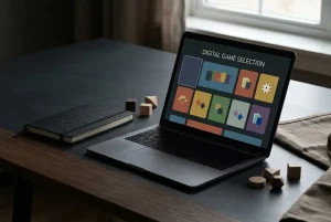 A softly lit tabletop with an unbranded laptop, abstract game tiles and a closed notebook