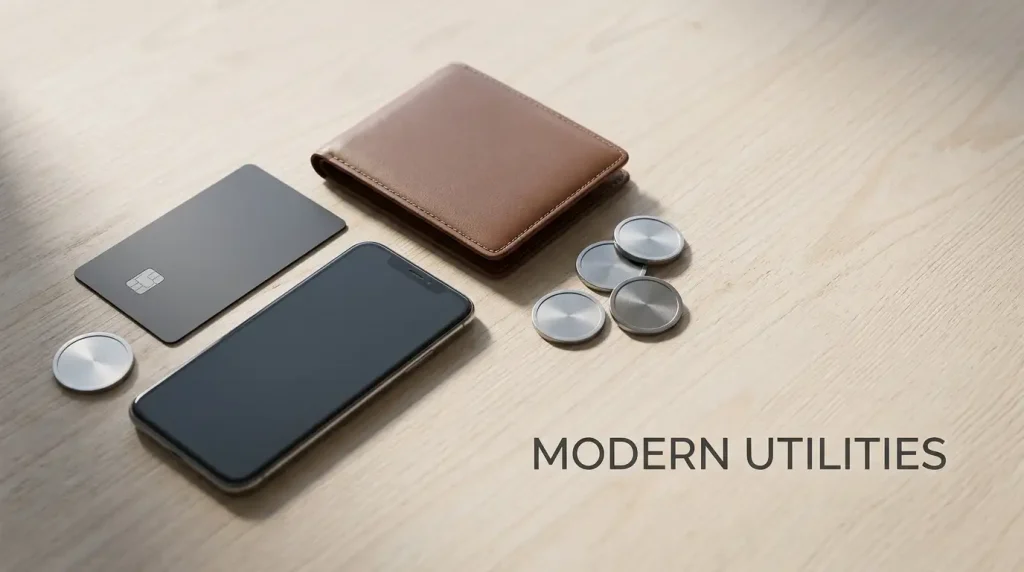 An unmarked bank card, a closed digital wallet and metal coin-like discs arranged on a wooden desk