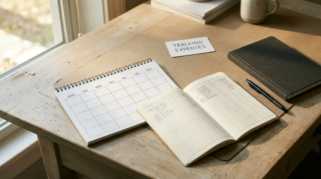 An unmarked transaction ledger and paper calendar beside a closed notebook on a wooden desk