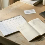 An unmarked transaction ledger and paper calendar beside a closed notebook on a wooden desk